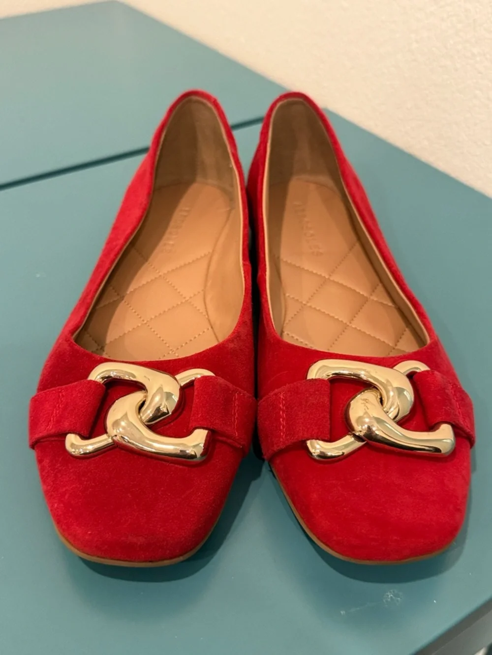 AEROSOLES Candice Red Suede Flats with Gold Chain Accent